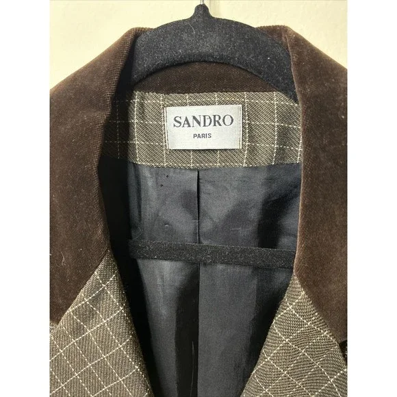 Vintage SANDRO Paris Brown Checked Double-Breasted Velvet Trim Blazer Sz S - Picture 3 of 9